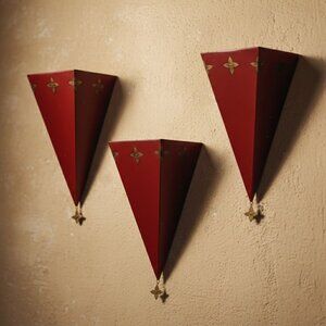 Set of 3 Vintage Primitive Metal Wall Sconces Shelves Red Gold Stars Tin Country